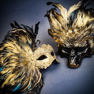 Halloween Couples&#39; Mask Costume - Full Face Wolf Mask Gold Feather Werewolves Halloween Masquerade Cosplay, Venetian Women Prom Ball Mask
