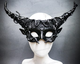 Black Horns Devil Half Face Eye Mask, Men & Women Halloween Masquerade Party, Snake Forest Masquerade Animal Demon Cosplay Mask, Scary Mask
