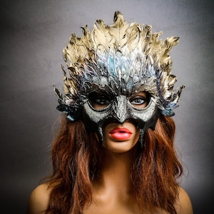 Fire Demon Flame Devil Masquerade Mask Costume, Ancient Gold Feather Halloween Goblin Masquerade Halloween Party Mask Cosplay