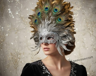 Mardi Gras Feather Venetian Women Mask Carnival Masquerade | Large Peacock Feather Wedding Mask  Women Masquerade Costume for Prom Ball