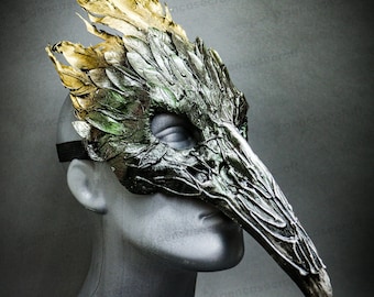 Máscara de Halloween con calavera de pájaro gótica, pluma dorada, pico largo, cuervo, disfraz de esqueleto, calavera de animal, para hombre y mujer.