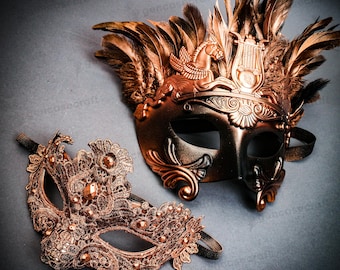 2PCS Masquerade Mask Couple | Copper Venetian Mardi Gras Mask for Couples, Women Lace Princess Eye Mask and Men Feather Warrior Mask