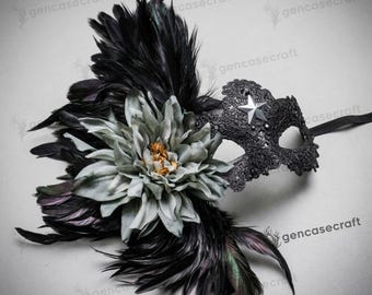 Luxury Black Women's Party Masquerade Flower Feather Mask, Venetian Carnival Prom Ball Wedding Mask, Mardi Gras Costume Lace Eye Mask
