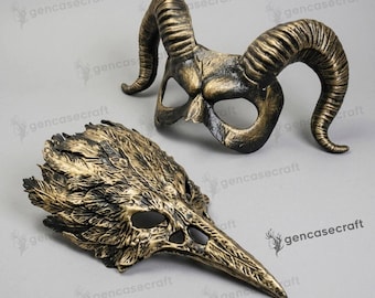 Couples Masquerade Set Mask for Halloween | Large Krampus Ram Horn Devil Demon Mask & Long Nose Raven Bird Skull Beak Feather Masquerade
