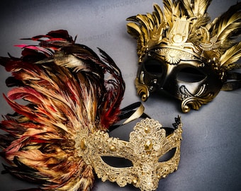 Máscara veneciana de plumas para parejas, máscara de Mardi Gras de plumas rojas y doradas para hombres y mujeres, máscara de boda, máscara de media cara para baile de graduación.