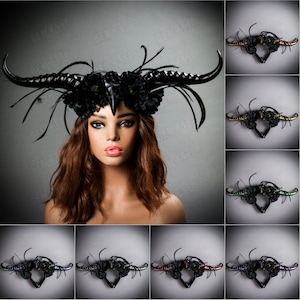 Black Raven Skull Gothic Devil Animal Wide Long Horn Head Dress Piece with Black Rose | Halloween Costume Party Cosplay Women Headband