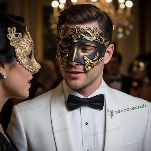 Costume Masquerade Ball Dress Code Man Brushed Gold Black Roman Greek  Emperor Warrior Venetian Mask For