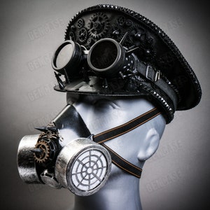 Full-set Black Steampunk Captain Cap with Silver Party Gas mask and Black Spike Goggles Halloween Costume Steampunk Party