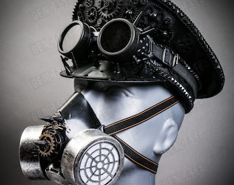 Full-set Black Steampunk Captain Cap with Silver Party Gas mask and Black Spike Goggles Halloween Costume Steampunk Party