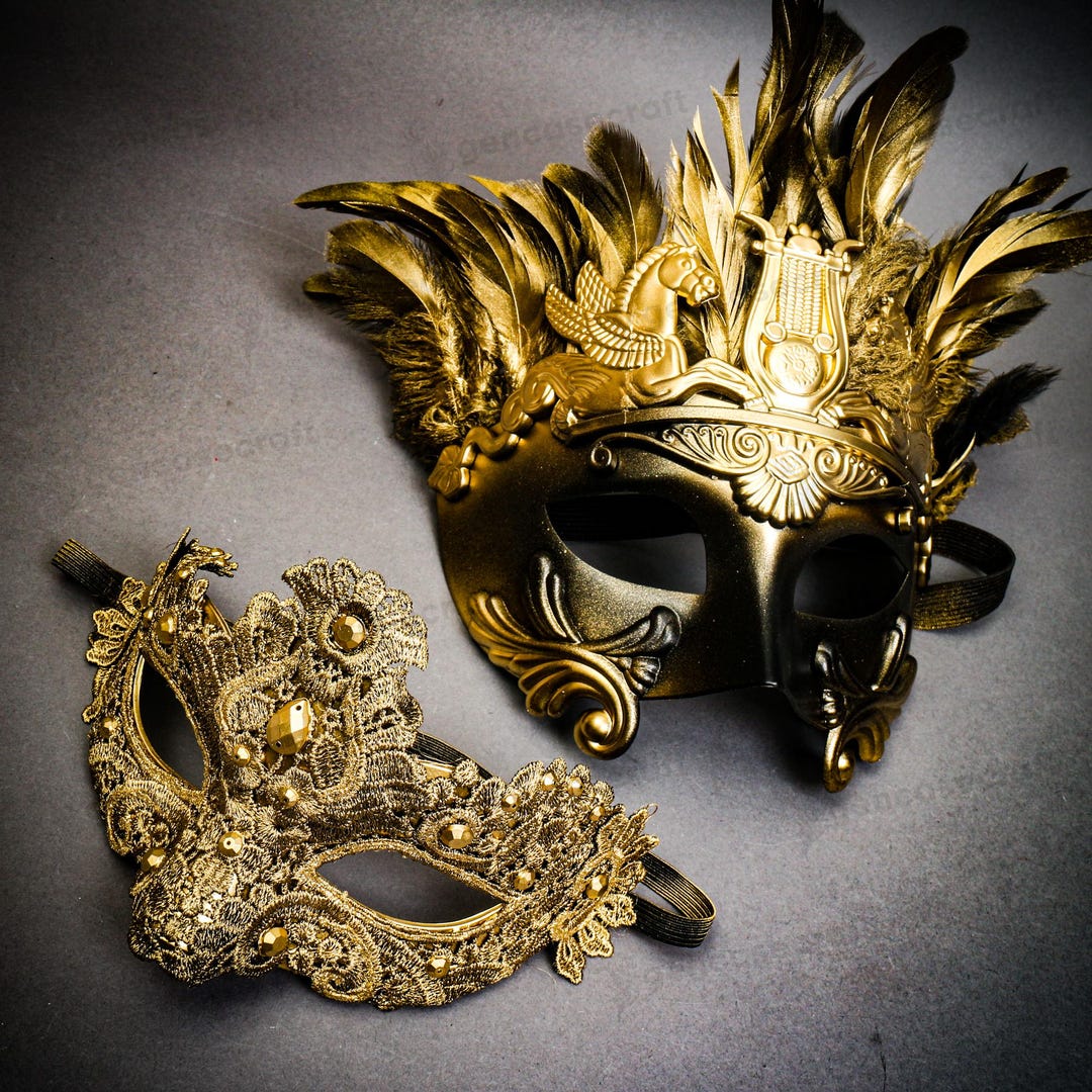 Prom Ride Cast Mask Venetian Mardi Gras Carnival Masks Set for Couple, Luxury Lace Gold ...
