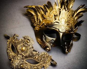 Venetian Mardi Gras Carnival Masks Set for Couple, Luxury Lace Gold Princess Eye Mask, Greek Warrior Feather Mask, Men Women Prom Party Mask