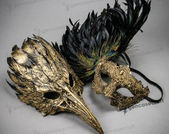 Couples' Halloween Mask Costume - Black Gold Mardi Gras Peacock Feather Venetian Masquerade Ball Mask, Raven Crow Bird Beak Skull Mask