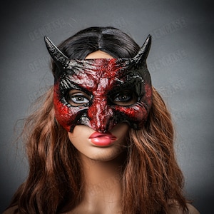 Bloody Red Demon Devil Goblin Black Short Horns Halloween Horror Masquerade Party Eye Mask | Men & Women Costume Party Fashion Mask