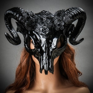 Full Black Antelope Devil Animal Skull w/ Twisted Ram Horns Masquerade Halloween Costume Party Face Mask | Head Gear | Wall Decor