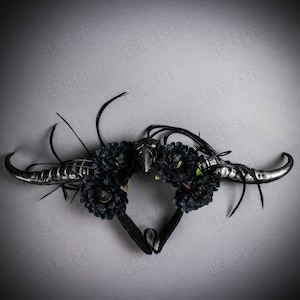 Silver Raven Skull Gothic Devil Animal Wide Black Long Horn Head Dress Piece w/ Rose | Halloween Costume Party Cosplay Women Headband