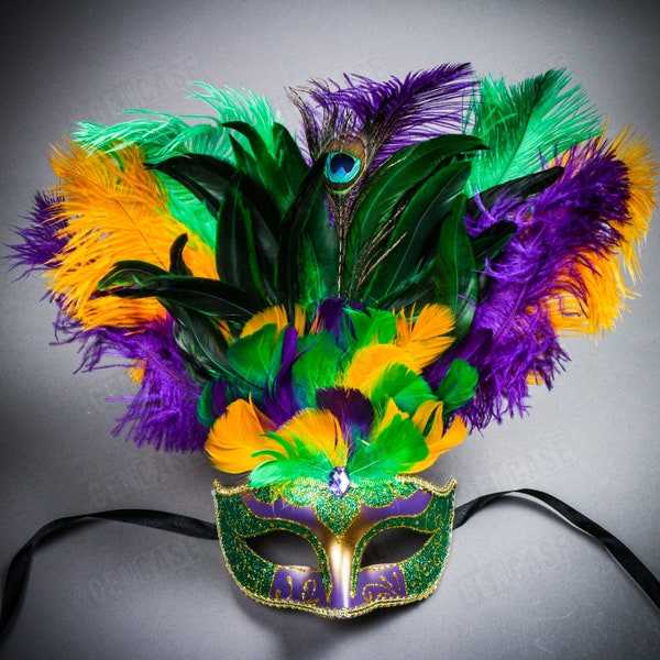 Venetian Glitter Crystal Mardi Gras Women's Night Party Eye Mask with Peacock Large Feather - Green Yellow