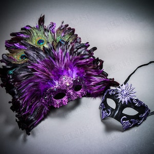 PAARS Luxe Venetiaans carnavalsmasker voor koppels met mardi gras grote bovenkant pauwenveer en Romeins feestmasker voor mannen