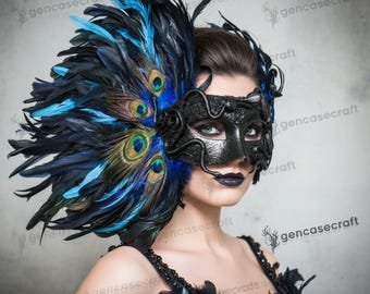 Blue Peacock Feather Mask with Snakes, Luxury Masquerade Ball Mask with Feather, Women's Half Face Mask Prom Halloween Costume