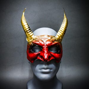 Red Halloween Scary Devil Demon Mask with Horns, Half Face Party Masquerade for Men Women, Satan Monster Beast Cosplay Costume Horned Mask