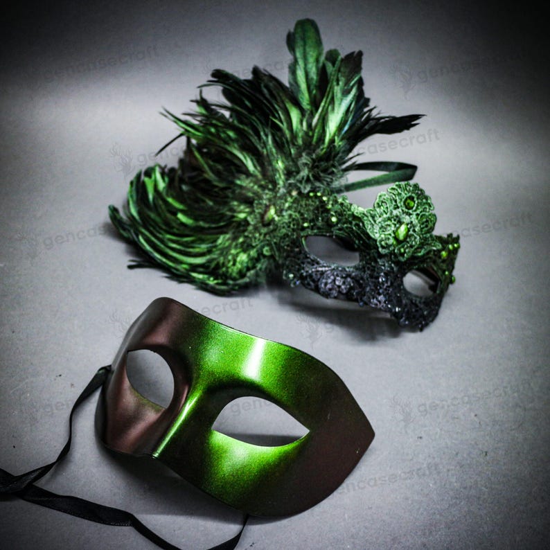 Couple's Black Green Venetian Mardi Gras Masquerade | Feather ...