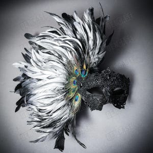 Black SILVER Luxury Women Eye Mask Carnival Mardi Gas Masquerade Venetian Mask Peacock Side Feather Venetian Ball Wedding Halloween Cosplay