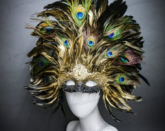 Máscara De Carnaval Con Plumas De Pavo Real Y Diamantes – Elegante Media Máscara Veneciana Para Fiestas