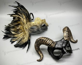 Black & Gold Couples Halloween Costume Masquerade - Venetian Feather Lace Eye Mask Mardi Gras, Large Ram Krampus Horns Devil Demon Mask