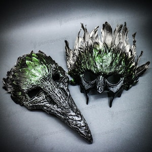 Feather Devil Masquerade Mask Couple Halloween | Green Silver Scary Mask Animal Nose Skull Bird Raven Crow Mask, Satan Monster Demon Mask