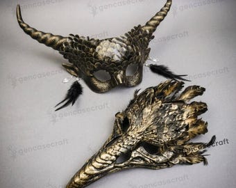 Couple Halloween Masquerade Costume | Dark Gold Raven Skull Beak Feather Mask & Dragon Scales Horn Women's Eye Mask, Demon Plague Cosplay
