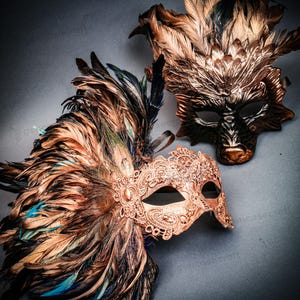 Matching Halloween Adult Couple Masquerade Mask | Realistic Wolf Animal Cosplay Mask and Venetian Feather Masks for Men Women Couple