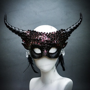 Burgundy Black Devil Horn Masquerade Mask Women, Halloween Cosplay Demon Ram Horns Mask, Mermaid Fish Squama Scales Fairy Mask Costume