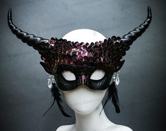 Burgundy Black Devil Horn Masquerade Mask Women, Halloween Cosplay Demon Ram Horns Mask, Mermaid Fish Squama Scales Fairy Mask Costume