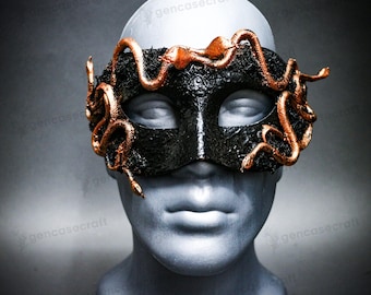 Copper Orange Wild Snakes Face Mask for Halloween, Party Masquerade Ball Costume Men & Women Eye Mask, Woodland Forest Snake Mask Black