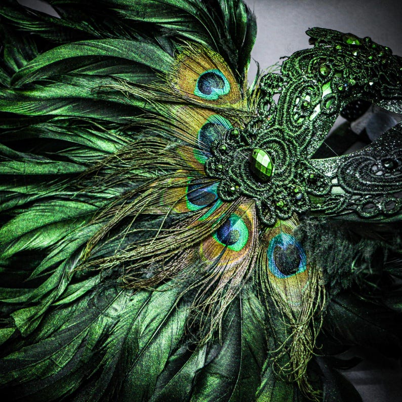 Peut inclure: Gros plan d'un masque de bal masqu&eacute; vert et noir avec des plumes de paon. Le masque pr&eacute;sente des d&eacute;tails en dentelle complexes, orn&eacute;s de pierres pr&eacute;cieuses vertes. Les plumes de paon ont des accents bleus, dor&eacute;s et verts vibrants.