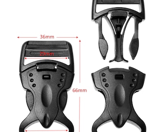 May include: Black plastic buckle with a side release mechanism. The buckle measures 6cm wide, 6.5cm long, and 2.8cm high.