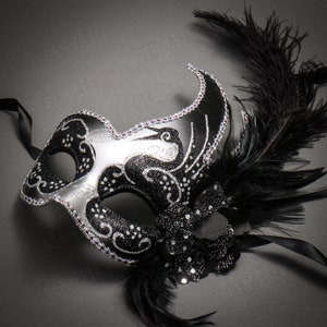 Beautiful Women Silver Eye Mask Carnival Masquerade Venetian Mask w/ Glitter Mardi Gras Side Black Feather | Halloween Party Music Festival