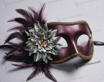 Women's Ball Masquerade Half Face Feather Mask with Flower | Romantic Burgundy Star Eye Mask, Venetian Carnival Costume, Wedding Bridal Mask