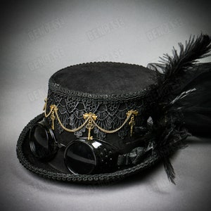 Black Steampunk Victorian Deluxe Feather Laces with Dark Goggles Women Tea Party Top Hat | Halloween Wedding Music Festival Cosplay Costume
