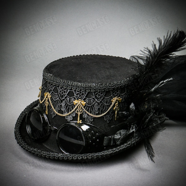 Noir lacets de plumes de luxe victorien steampunk avec lunettes de protection foncées pour femme | Costume de cosplay pour le festival de musique de mariage d'Halloween