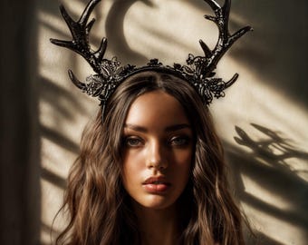 Women Headband with Black Deer Horn Devil Animal Cosplay Headband | Halloween Costume Party Headband Head Gear Party Headpiece