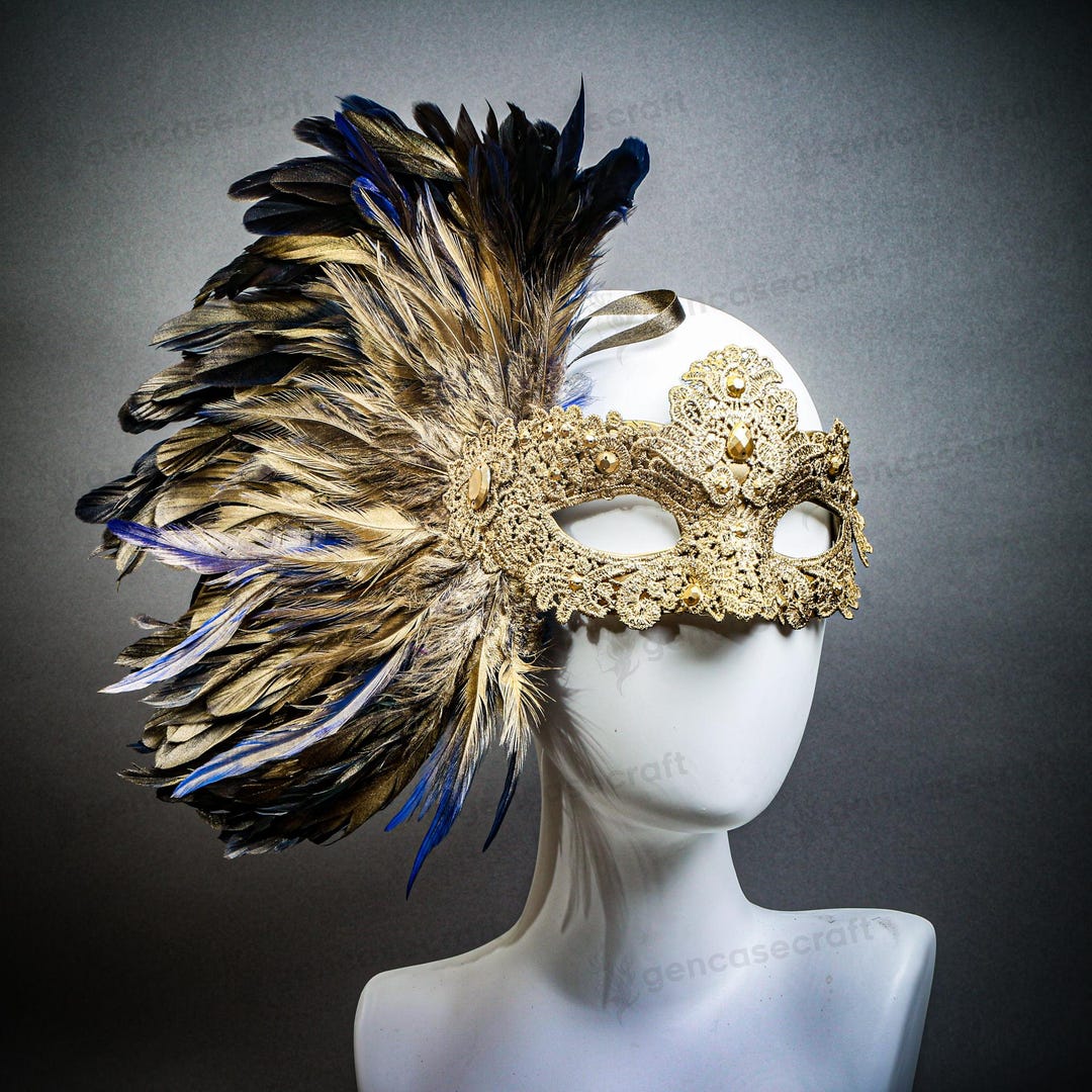 Gold Blue Feather Elegant Women's Venetian Lace Masquerade Mask ...