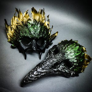 Halloween Face Mask for Couple | Horror Scary Devil Full Face Masquerade, Crow Raven Skull Animal Cosplay Long Nose Mask, Demon Feather Mask