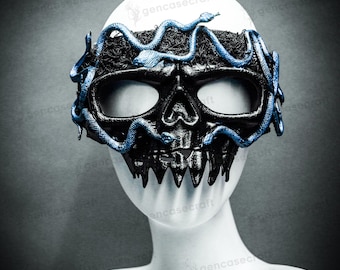Máscara de caveira com cobras azuis e pretas - Máscara de festa de Halloween para adultos, para homens e mulheres, Fantasia de máscara do Dia dos Mortos, Máscara de esqueleto de caveira steampunk