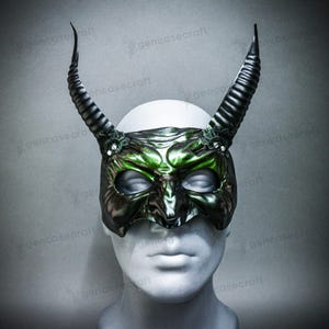 Scary Creepy Dark Green Black Horns Halloween Horror Devil Masquerade Mask, Satan Demon Adult Mask Costume, Devil Monster Cosplay Horns Mask