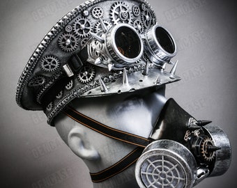 Metallic Silver Steampunk Captain Cap with Silver Party Gas Mask and Dark Lens Spike Goggles Halloween Costume Steampunk Party