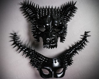 Máscara de mascarada de pareja de lobo negro enojado con cuernos largos de diablo, disfraz de Halloween, accesorios de casa cazada para baile de máscaras y graduación.