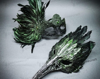 Masquerade Halloween Mask for Couples | Black Green Feather Raven Crow Skull Nose Plague Doctor Mask & Carnival Venetian Feather Eye Mask