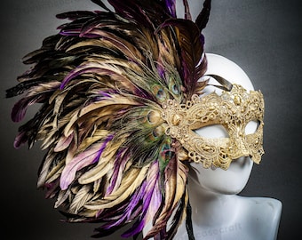 Handheld Stick Venetian Feather Mask Prom Party Masquerade, Luxury Large Peacock Feather Mardi Gras Costume Ball Mask | Women's Stick Mask