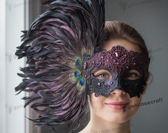 Venetian Peacock Feather Mask for Women - Plum Black Sexy Masquerade Mardi Gras Party Prom Carnival Half Face Mask