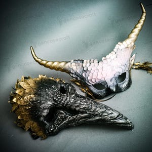 Animal Halloween Mask for Couple - Pink Mermaid Dragon Scales Fairy Mask Gold Horns & Black Plague Doctor Raven Long Nose Bird Feather Mask